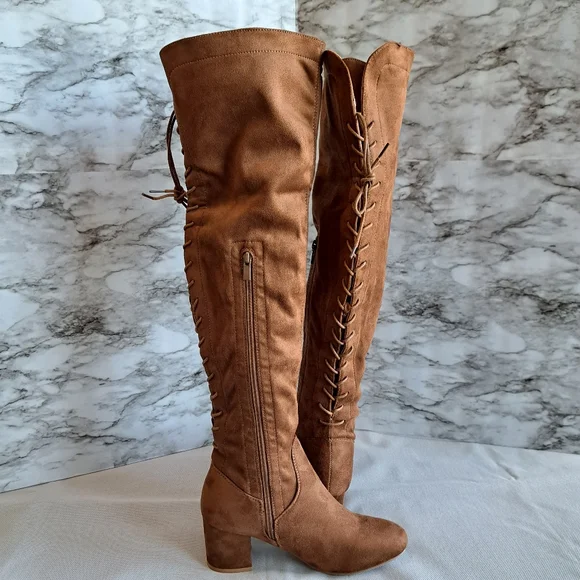 Women's Suede Over The Knee Block Heeled Camel Boots With Lace Up Back Size 8 - Picture 8 of 16